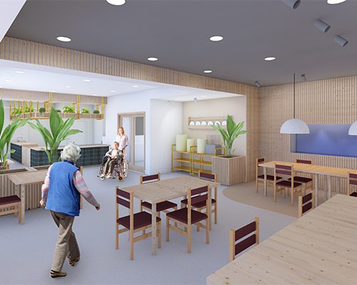 dementia-friendly dining hall of the Novovysočanská Nursing Home designed by WeCare architecture