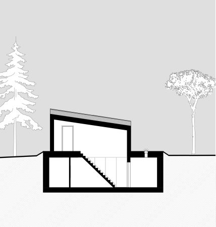 Section BB van een ondergronds huis in Gödöllő in Hongarije ontworpen door WeCare architecture